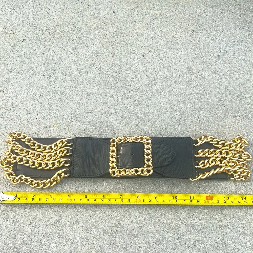 R.J Graziano black leather & gold chain wide belt in very good vintage condition